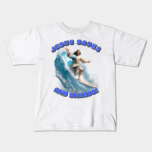 Jesus surfs Kids T-Shirt by infernoconcepts